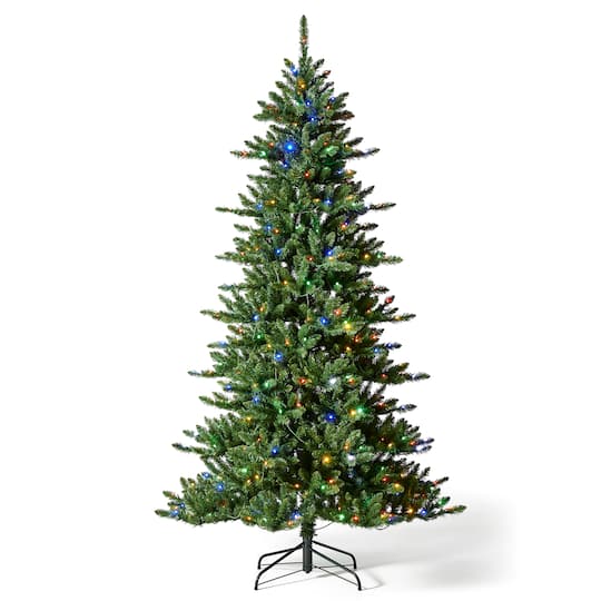 Glitzhome 7.5ft Pre Lit Green Slim Fir Christmas Tree with 400 Light Emitting Diode Lights, 9 Functional Warm White Multi color, remote controller - M